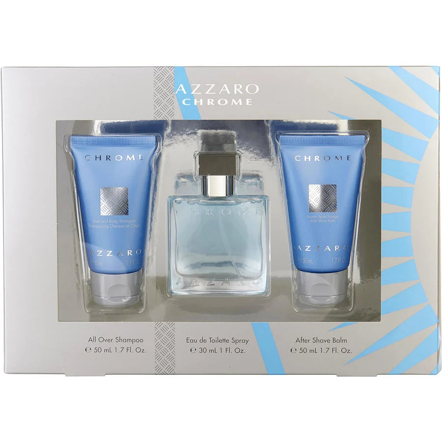 Chrome Men Eau De Toilette Spray 1 oz & All Over Shampoo 1.7 oz & Aftershave Balm 1.7 oz by Azzaro